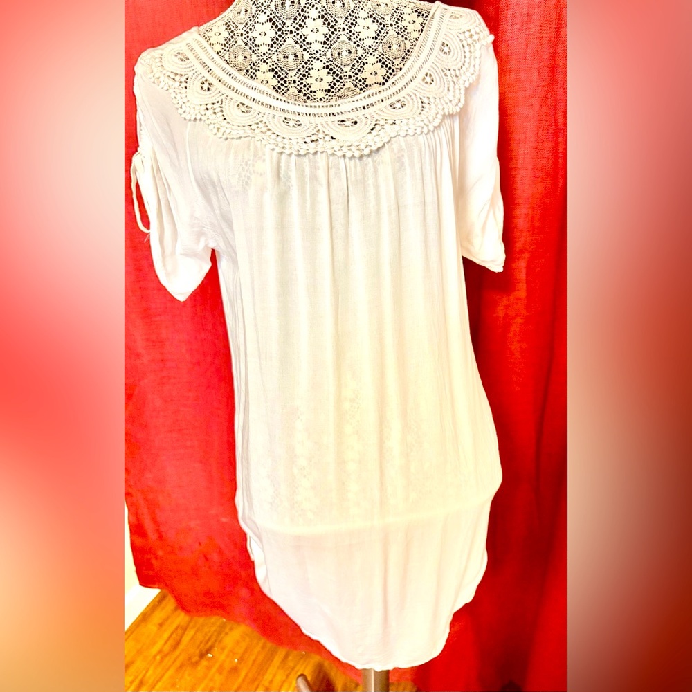 Women’s White Lace Rayon Peasant Boho Ruched Top Made In Italy Sz Xl 22” Across